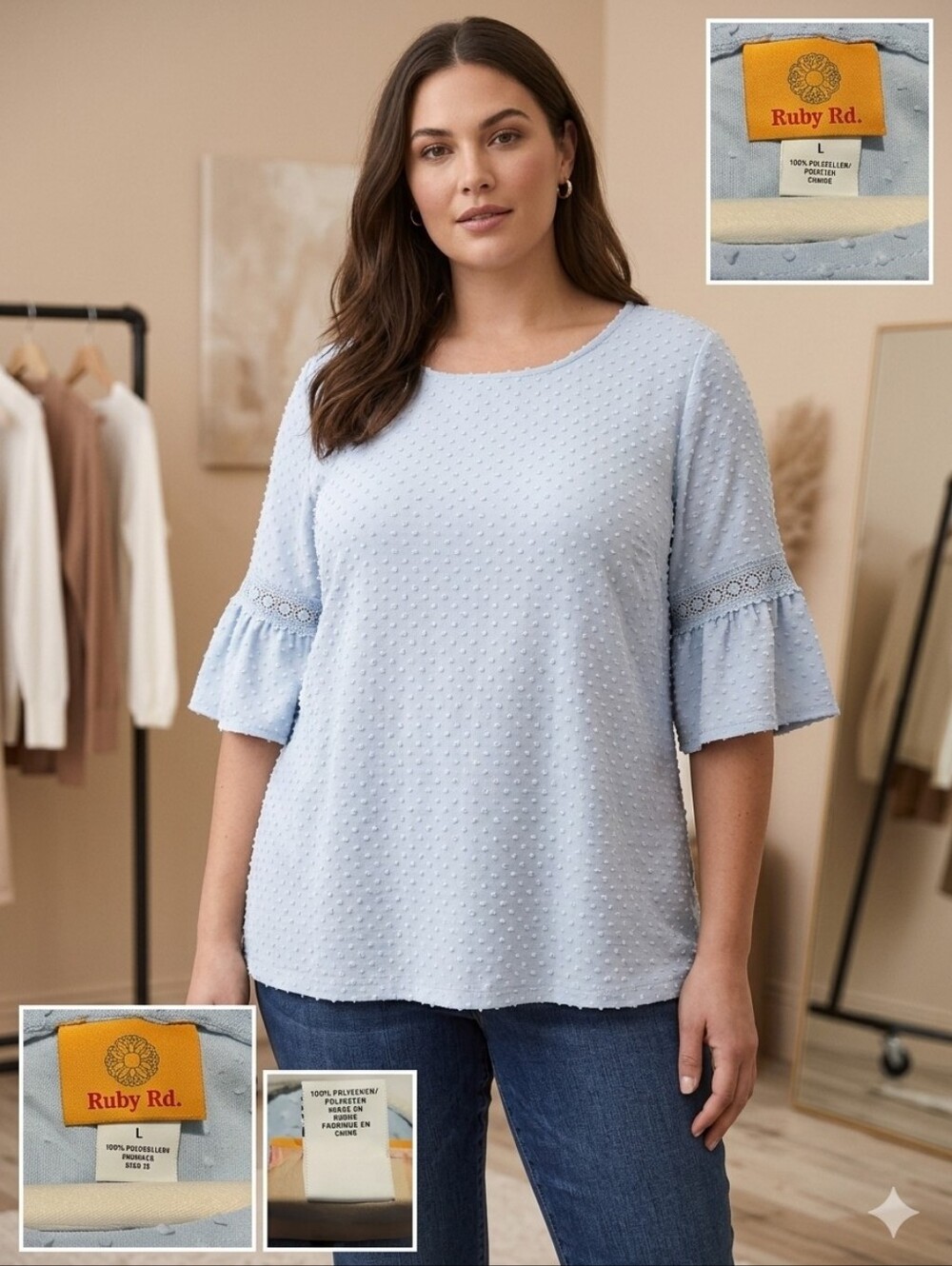 Ruby Rd Light Blue Eyelet Lace Ruffle Bell Sleeve Top Sz L